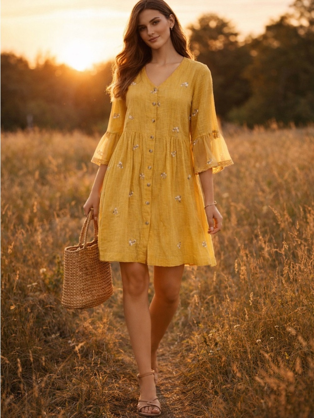 Bombay Yellow Embroidered Mini Dress 🌾 Boho Chic Resort Vacation Flowy Dress